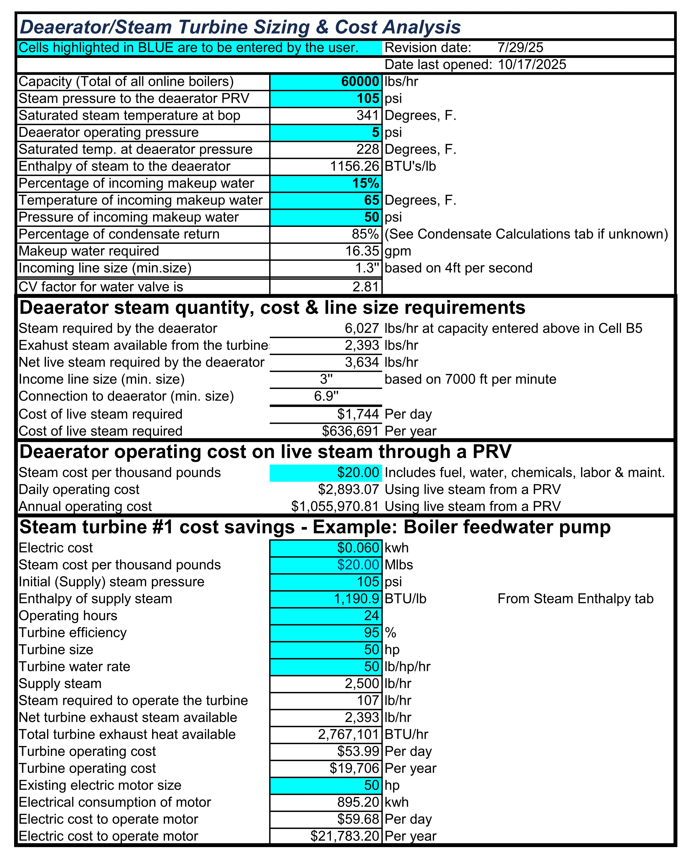 Dearator/Steam Turbine Sizing Cost and Analysis